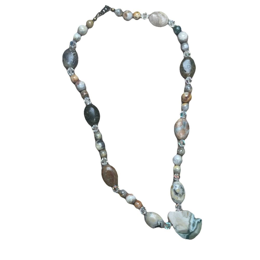 Vtg Orbicular Ocean Jasper & Agate Stone Choker Necklace 15” Aurora Borealis AB